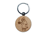 Sleepy Sloth with Coffee Engraved Wood Round Keychain Tag Charm