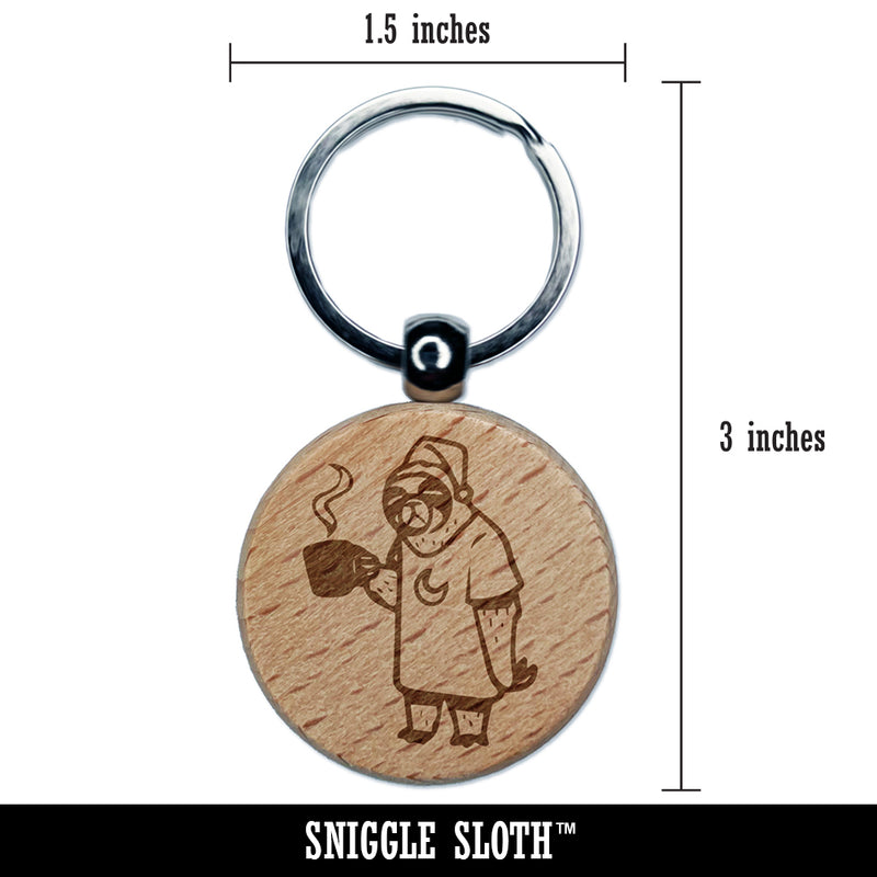 Sleepy Sloth with Coffee Engraved Wood Round Keychain Tag Charm