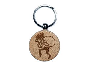 Sneaky Thief Robber with Sack Engraved Wood Round Keychain Tag Charm