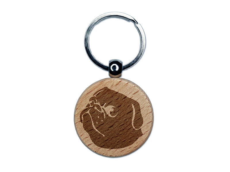 Solid Pug Looking Back Engraved Wood Round Keychain Tag Charm