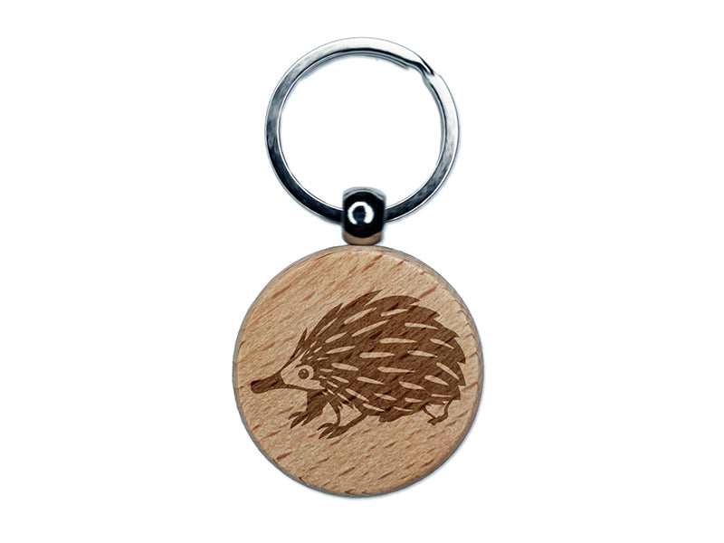 Spikey Echidna Weird Animal Engraved Wood Round Keychain Tag Charm