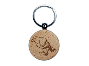 Standing Hawk Falcon Bird of Prey Engraved Wood Round Keychain Tag Charm