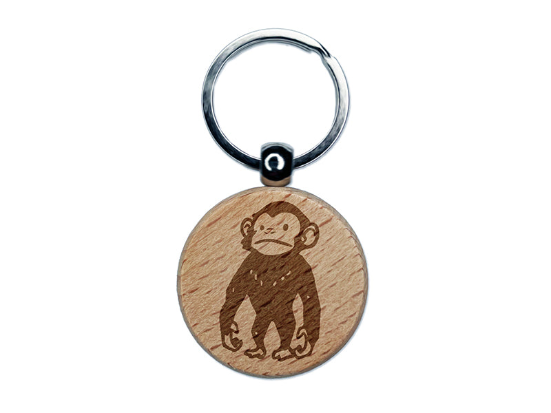 Standing Stoic Chimpanzee Ape Monkey Engraved Wood Round Keychain Tag Charm