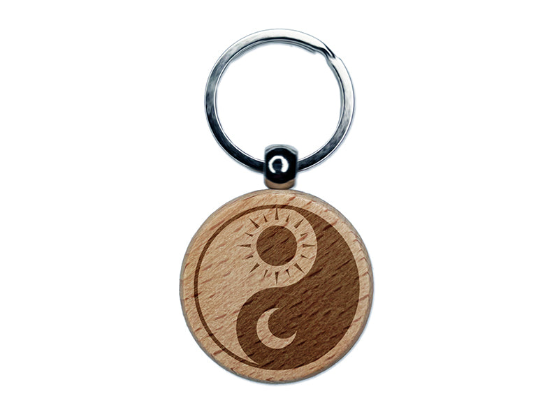 Sun Moon Yin Yang Night Day Engraved Wood Round Keychain Tag Charm