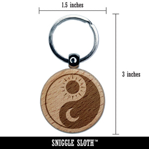 Sun Moon Yin Yang Night Day Engraved Wood Round Keychain Tag Charm