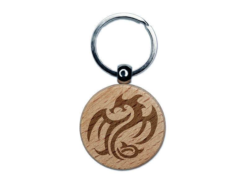Tribal Dragon Swirl Engraved Wood Round Keychain Tag Charm