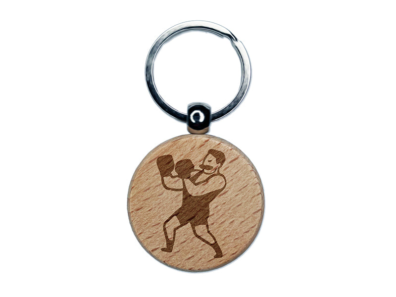 Vintage Boxer Pugilist Fighter Engraved Wood Round Keychain Tag Charm