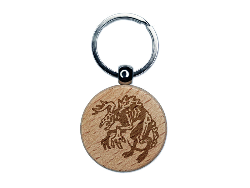 Wendigo Mythological Creature Monster Engraved Wood Round Keychain Tag Charm