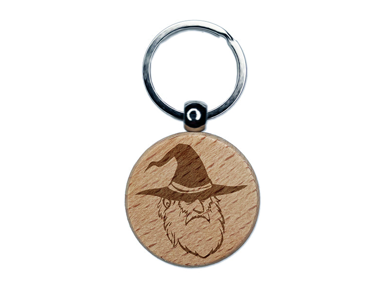 Wise Wizard Old Man Beard Hat Engraved Wood Round Keychain Tag Charm