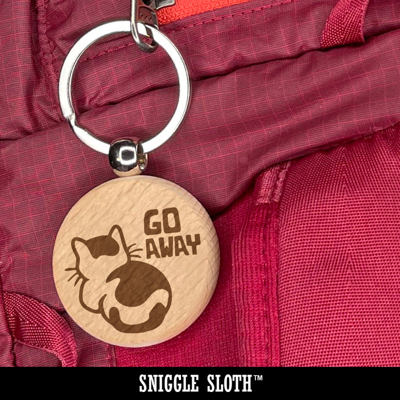 Wary Kitty Cat Engraved Wood Round Keychain Tag Charm
