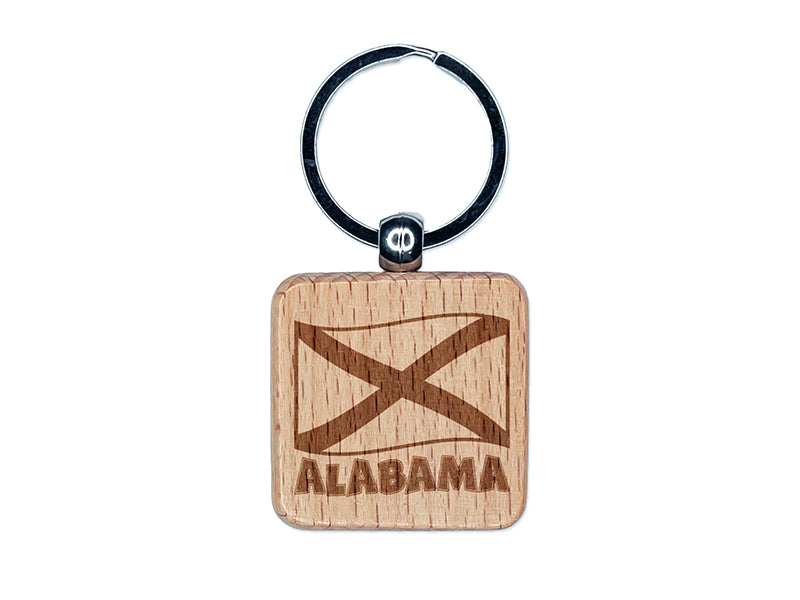 Alabama with Waving Flag Cute Engraved Wood Square Keychain Tag Charm