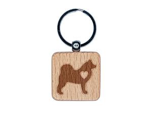 Alaskan Malamute Dog with Heart Engraved Wood Square Keychain Tag Charm