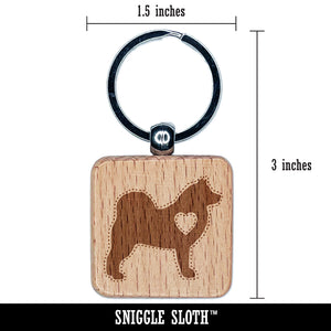 Alaskan Malamute Dog with Heart Engraved Wood Square Keychain Tag Charm