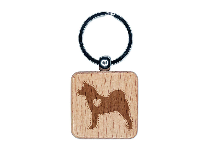 American Akita Dog with Heart Engraved Wood Square Keychain Tag Charm