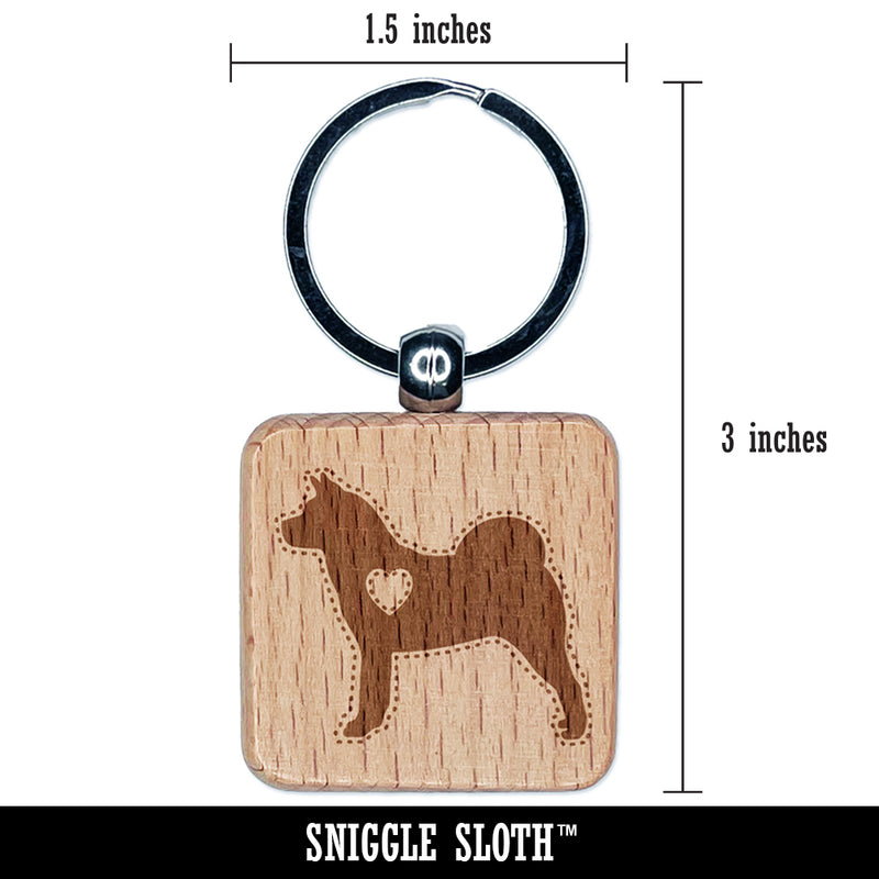 American Akita Dog with Heart Engraved Wood Square Keychain Tag Charm