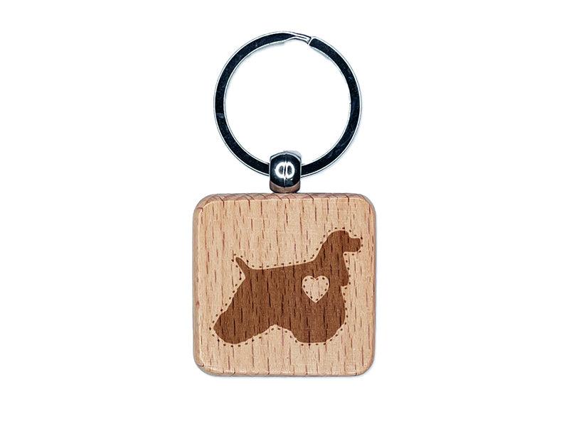 American Cocker Spaniel Dog with Heart Engraved Wood Square Keychain Tag Charm