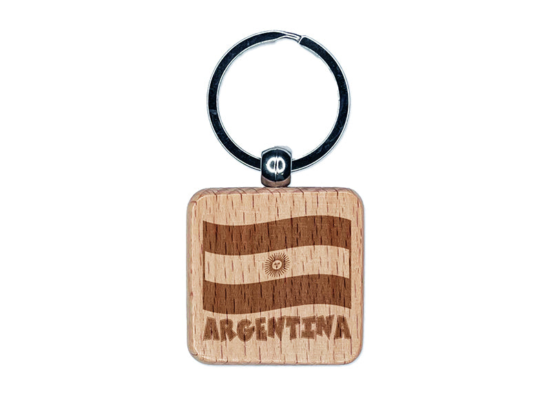 Argentina with Waving Flag Cute Engraved Wood Square Keychain Tag Charm