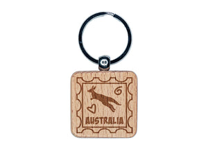 Australia Kangaroo Passport Travel Engraved Wood Square Keychain Tag Charm