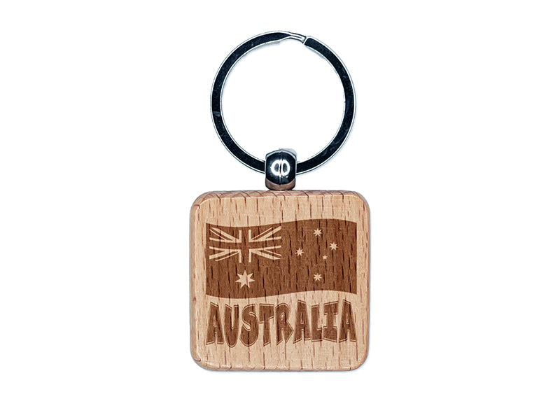 Australia with Waving Flag Cute Engraved Wood Square Keychain Tag Charm