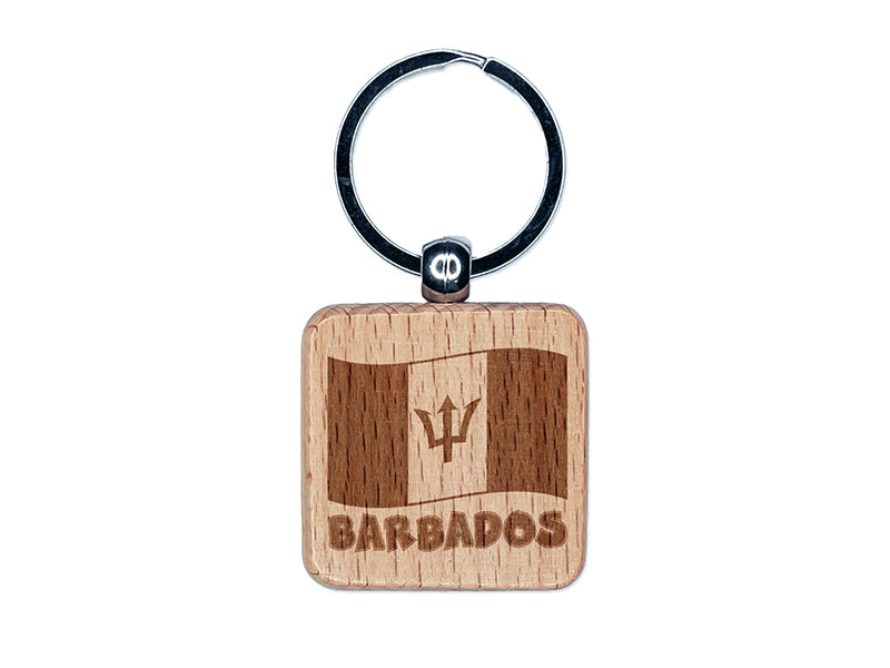 Barbados with Waving Flag Cute Engraved Wood Square Keychain Tag Charm