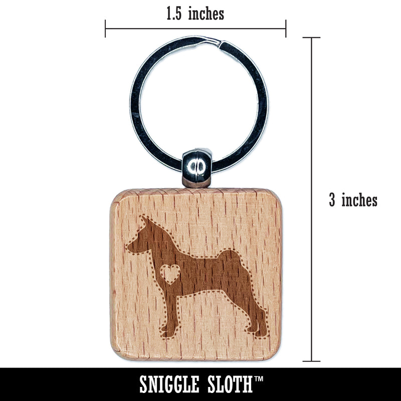 Basenji Dog with Heart Engraved Wood Square Keychain Tag Charm