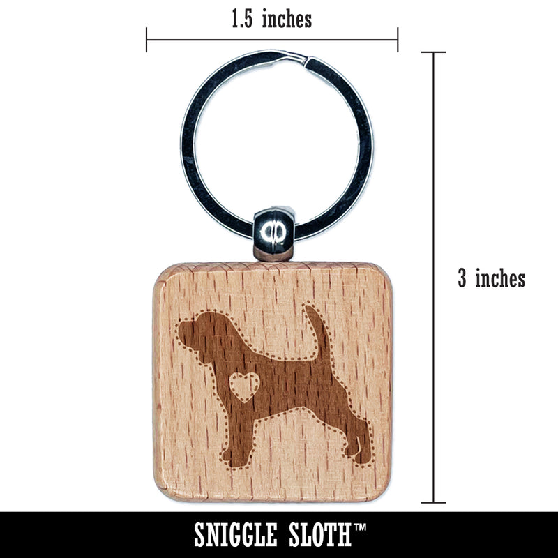 Beagle Dog with Heart Engraved Wood Square Keychain Tag Charm
