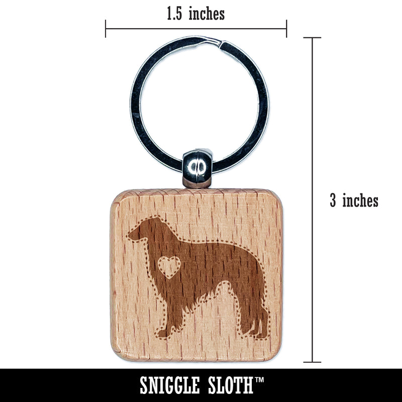 Borzoi Russian Wolfhound Dog with Heart Engraved Wood Square Keychain Tag Charm