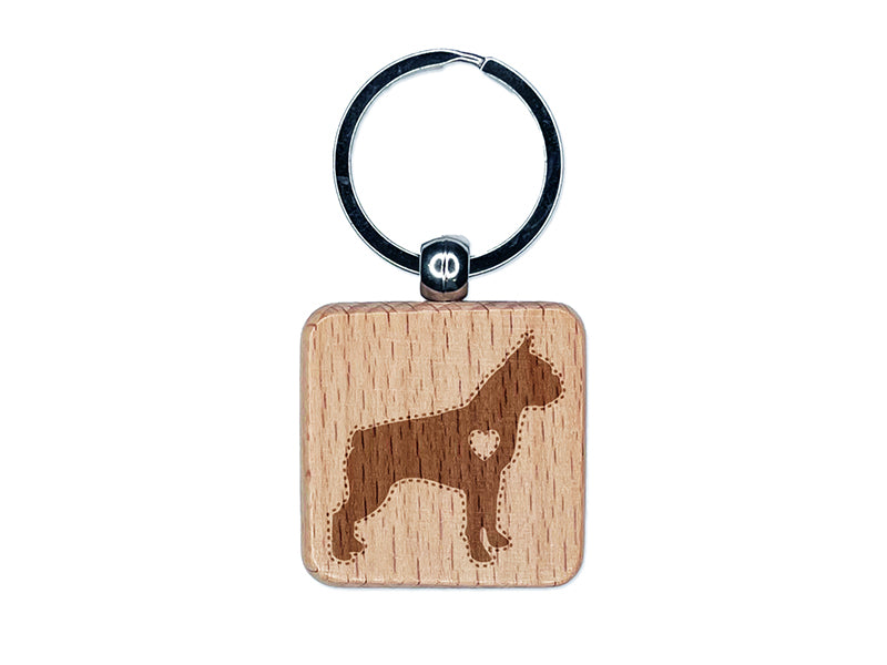 Boston Terrier Dog with Heart Engraved Wood Square Keychain Tag Charm