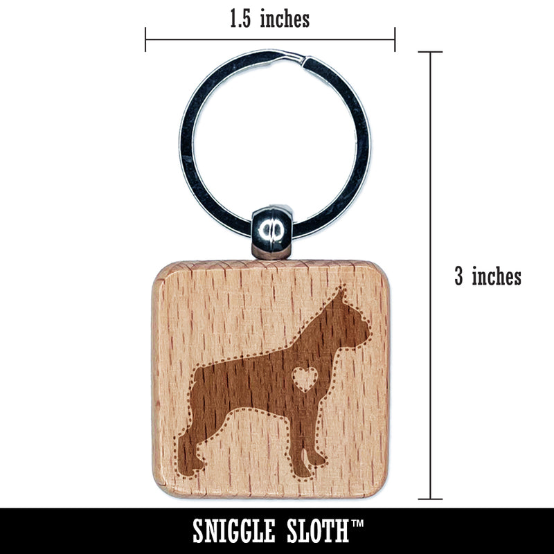 Boston Terrier Dog with Heart Engraved Wood Square Keychain Tag Charm