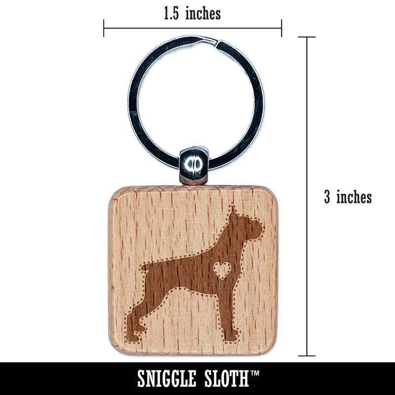 Boxer Dog with Heart Engraved Wood Square Keychain Tag Charm