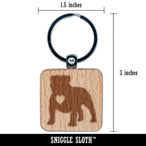 Bulldog English British Dog with Heart Engraved Wood Square Keychain Tag Charm