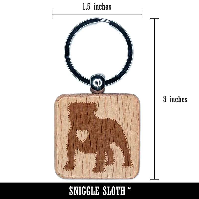 Bulldog English British Dog with Heart Engraved Wood Square Keychain Tag Charm