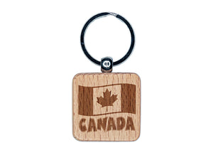 Canada with Waving Flag Cute Engraved Wood Square Keychain Tag Charm