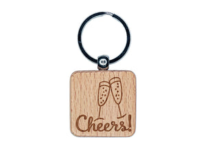 Cheers Champagne Toast Cursive Text Engraved Wood Square Keychain Tag Charm