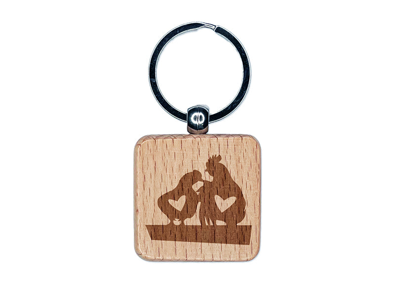 Chicken and Rooster Friends with Hearts Engraved Wood Square Keychain Tag Charm