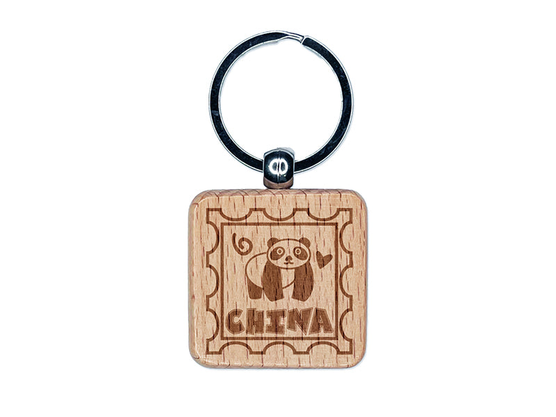 China Panda Passport Travel Engraved Wood Square Keychain Tag Charm