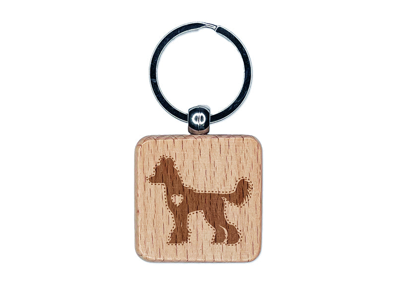 Chinese Crested Dog with Heart Engraved Wood Square Keychain Tag Charm