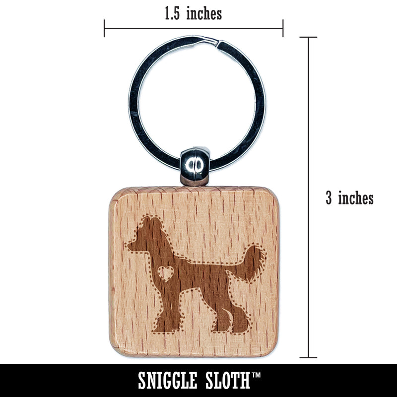 Chinese Crested Dog with Heart Engraved Wood Square Keychain Tag Charm