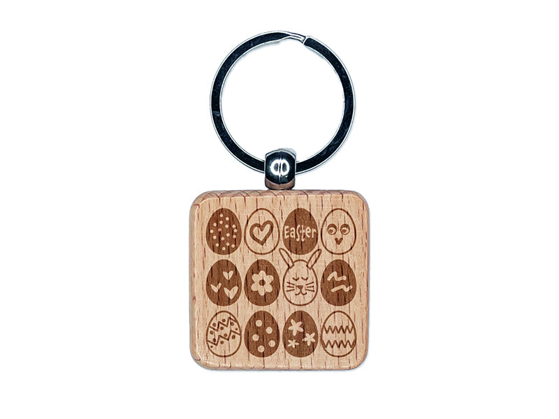 Decorated Easter Eggs Fun Engraved Wood Square Keychain Tag Charm