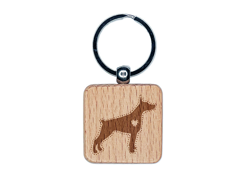 Dobermann Pinscher Dog with Heart Engraved Wood Square Keychain Tag Charm