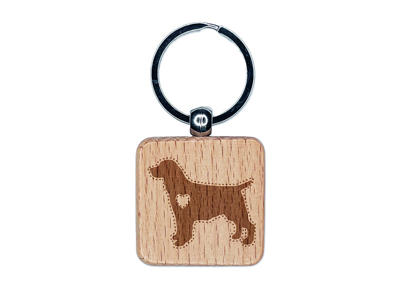 English Springer Spaniel Dog with Heart Engraved Wood Square Keychain Tag Charm