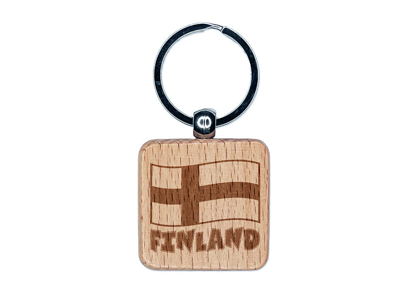 Finland with Waving Flag Cute Engraved Wood Square Keychain Tag Charm