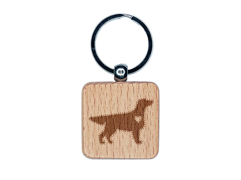 Flat-Coated Retriever Dog with Heart Engraved Wood Square Keychain Tag Charm