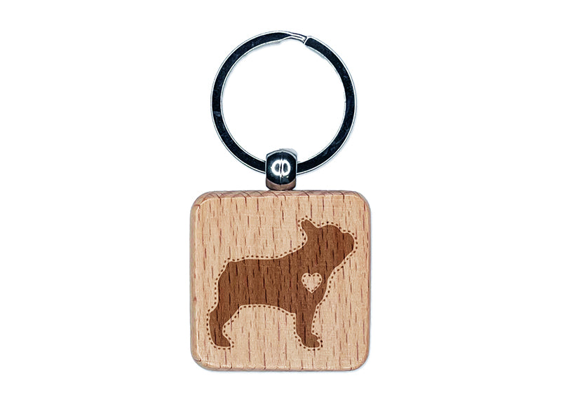 French Bulldog Dog with Heart Engraved Wood Square Keychain Tag Charm