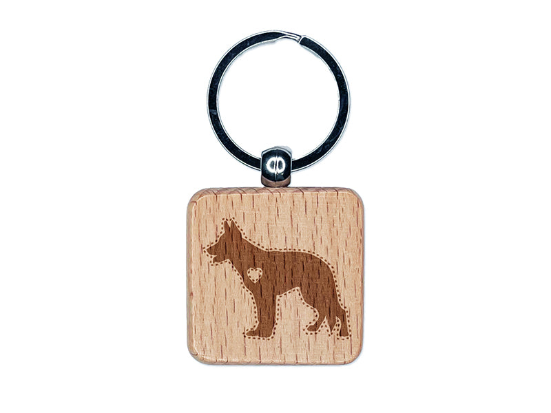 German Shepherd Dog with Heart Engraved Wood Square Keychain Tag Charm