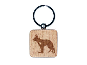 German Shepherd Dog with Heart Engraved Wood Square Keychain Tag Charm