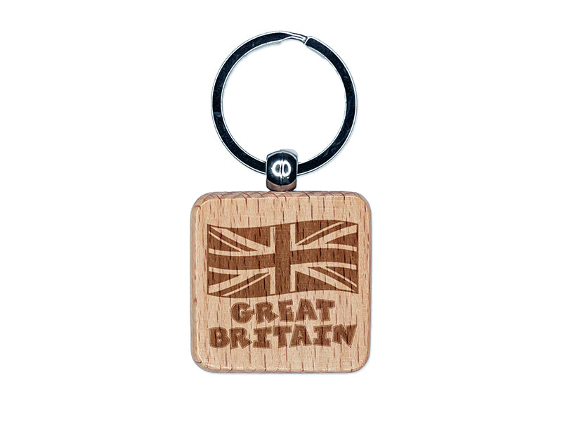 Great Britain with Waving Flag Union Jack Cute Engraved Wood Square Keychain Tag Charm