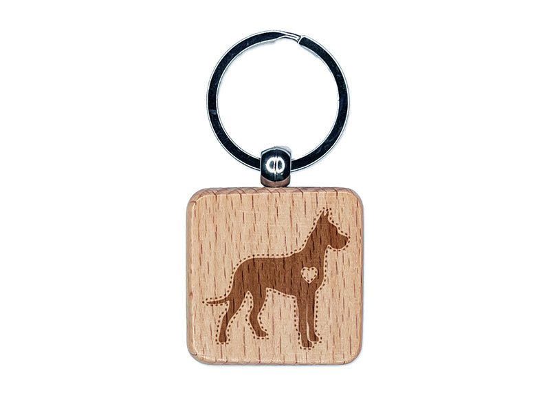 Great Dane Dog with Heart Engraved Wood Square Keychain Tag Charm