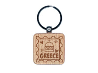 Greece Passport Travel Engraved Wood Square Keychain Tag Charm