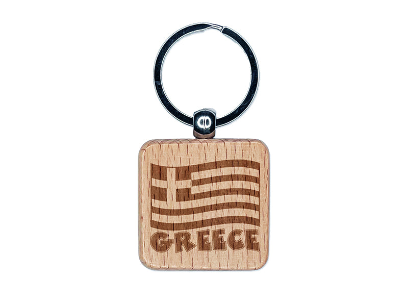 Greece with Waving Flag Cute Engraved Wood Square Keychain Tag Charm